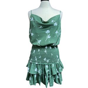 Entro Sage Green Floral Spaghetti Strap Smocked Tiered Ruffle Dress NWT